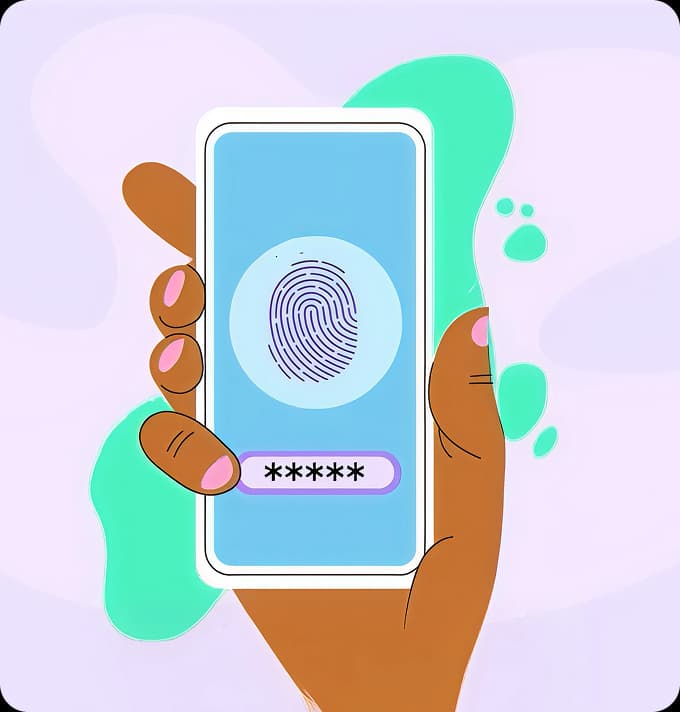 Ilustración de una mano sosteniendo un smartphone con un bloqueo por huella digital, representando la privacidad digital y la búsqueda segura de información en línea.